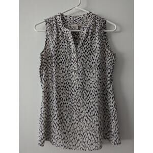 Banana Republic Women's Tank Top Silk XS Animal Print 3/4 Button Navy White Tan